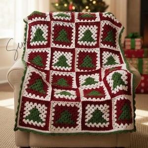 CROCHET PATTERN & VIDEO Tutorial Christmas Tree Granny Square Afghan | Holiday | Lap Quilt | Blanket | Winter | Red | White | Evergreen