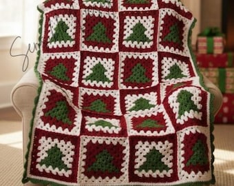 CROCHET PATTERN & VIDEO Tutorial Christmas Tree Granny Square Afghan | Holiday | Lap Quilt | Blanket | Winter | Red | White | Evergreen