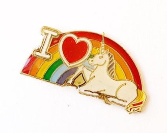 I LOVE UNICORNS pin / vintage rainbow pin 80s 80's pin hat tac tie tac pinback button jacket pin enamel pin gift present lapel pin