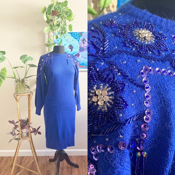 BEDAZZLED SWEATER DRESS / 70s dress 80s dress la b