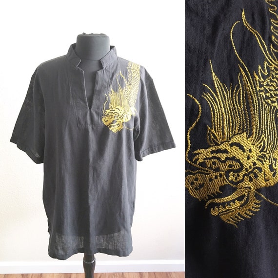70s GOLD DRAGON SHIRT / vintage embroidered shirt
