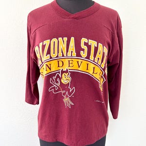 80s ARIZONA STATE TSHIRT / large vintage tshirt sun devils tshirt 3/4 length sleeve tshirt college tshirt paper thin single stitch tshirt