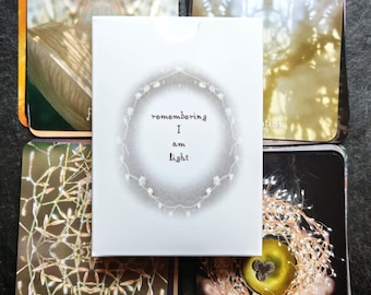 Può includere: Un mazzo di carte oracolo con una scatola bianca al centro. La scatola recita "remembering I am light" in un design circolare. Le carte presentano varie immagini, tra cui una mela luminosa, luci e arte astratta. Le carte sono disposte su una superficie scura.