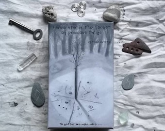 May include: A book cover with a gray and white illustration of a tree in a forest. The title is "A wee star in the forest of precious twigs" by Tricia Murray. The text "to gether we make more..." is at the bottom of the cover.