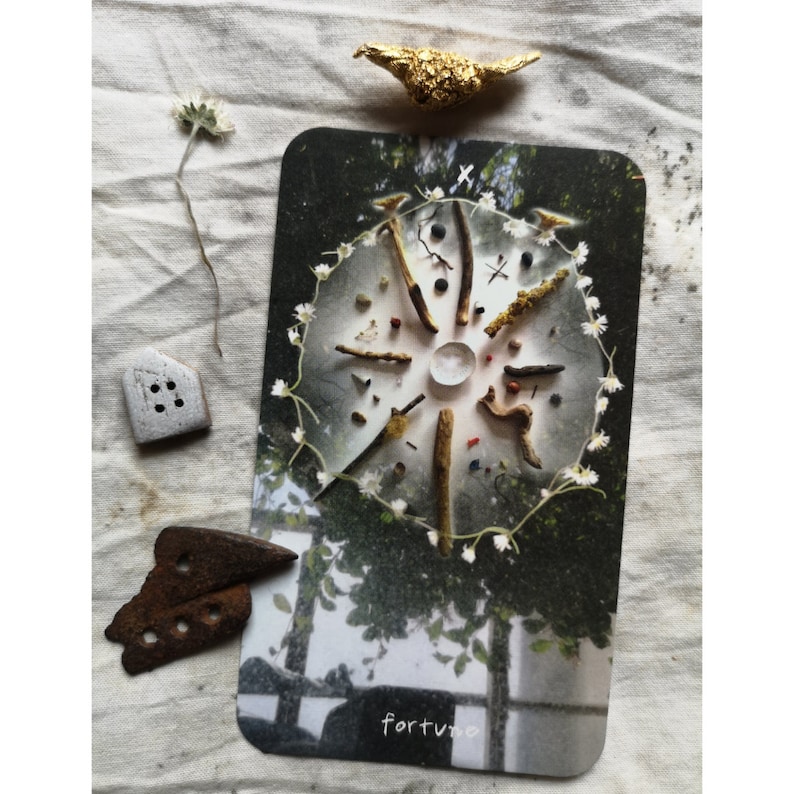 Pu&ograve; includere: Una carta dei tarocchi con un design a tema natura, con un cerchio centrale con ramoscelli, semi e fiori. La parola "fortune" &egrave; in basso. Una statuetta di uccello color oro e altri piccoli oggetti sono disposti intorno alla carta su una superficie strutturata.