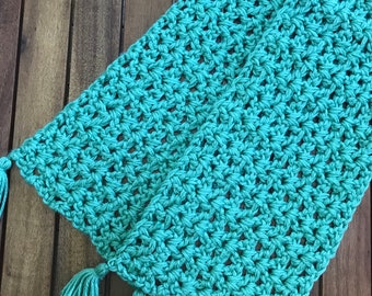 Green Crochet Scarf with Tassels