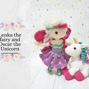 May include: Lenka the fairy and Oscar the unicorn crochet pattern. A purple and pink fairy doll with white hair and wings holds a white unicorn with a teal mane and horn.
