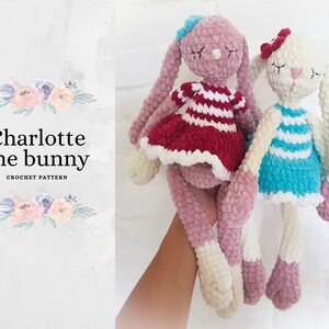 Charlotte the Bunny - amigurumi crochet pattern - seamless, chenille yarn,  in English and Polish - Lulu and Tete