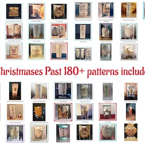 May include: A collection of paper art Christmas decorations, including folded book art and star-shaped ornaments. The image features various designs with text and intricate patterns, showcasing a variety of holiday-themed crafts. The text "Christmas Past 180+ patterns included" is also visible.
