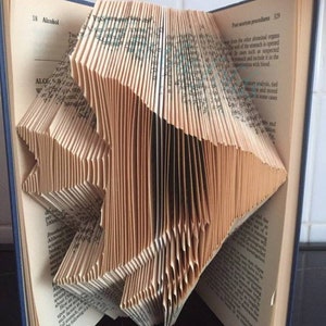 May include: A book art sculpture made by folding the pages of a book into a three-dimensional shape. The sculpture is shaped like a bird in flight. The book is open and the pages are folded to create the shape of the bird. The book is on a dark surface.