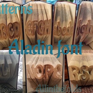 Pode incluir: Um conjunto de padrões de dobradura de livros para as letras A, B, C, D, E, F, G, H, I, J, K, L, M, N, O, P, Q, R, S, T, U, V, W, X, Y e Z em uma fonte chamada "Aladin font". Os padrões são mostrados dobrados nas letras.