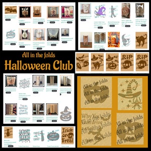 Op de afbeelding: Een collage van afbeeldingen met Halloween-thema's van papier. De afbeeldingen tonen verschillende ontwerpen, waaronder pompoenen, vleermuizen, heksen, spinnen en schedels. De tekst "All in the folds Halloween Club" staat in het midden van de collage.