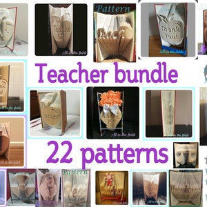 Könnte beinhalten: Eine Collage aus 22 Buchfaltungsmustern für Lehrer. Die Muster umfassen verschiedene Designs wie Äpfel, Herzen und das Wort "Teacher". Der Text "Teacher bundle" und "22 patterns" wird in lila Text angezeigt.