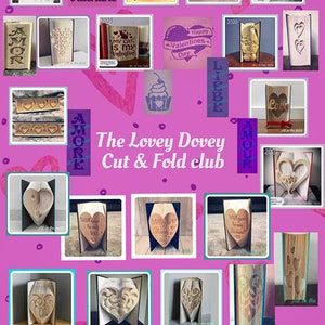 Könnte beinhalten: Eine Collage aus Bildern, die verschiedene Buchfalten-Kunstprojekte zeigen. Die Bilder zeigen verschiedene Designs und Themen, darunter Herzen, Blumen und Tiere. Der Text "The Lovey Dovey Cut & Fold club" ist in der Mitte der Collage zu sehen. Der Text "All in the folds" ist am unteren Rand der Collage zu sehen.