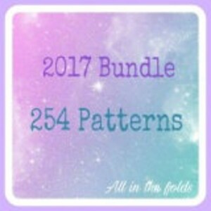 May include: A digital image with a pink and blue galaxy background. The text "2017 Bundle 254 Patterns" is in the centre of the image.