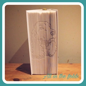 Könnte beinhalten: Ein weißes Buch, das zu einer Hundeform gefaltet ist. Das Buch steht aufrecht auf einer Holzoberfläche. Der Text "All in the folds" ist am unteren Rand des Bildes sichtbar.