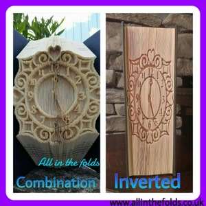 Op de afbeelding: Een boekkunst-klok met een combinatie van gevouwen pagina's en een uitgesneden ontwerp. De wijzerplaat van de klok is zichtbaar met Romeinse cijfers en een hartvorm bovenaan. De tekst "All in the folds" en "Combination" is zichtbaar onder de klok. De klok wordt weergegeven op een houten oppervlak. De tweede afbeelding toont dezelfde klok in omgekeerde positie met de tekst "Inverted" eronder.