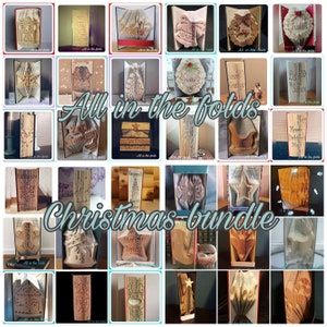 May include: A collage of 25 book fold art pieces with Christmas themes. The art pieces are made from old books and feature various Christmas designs, including trees, ornaments, wreaths, and Santa Claus. The collage is titled "All in the folds Christmas bundle".