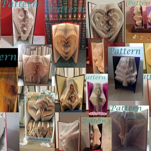 May include: A collage of 12 book folding patterns, each showing a different design. The designs include a heart, a tree, a bird, a flower, a face, and a geometric shape. The patterns are all made from folded pages of books.