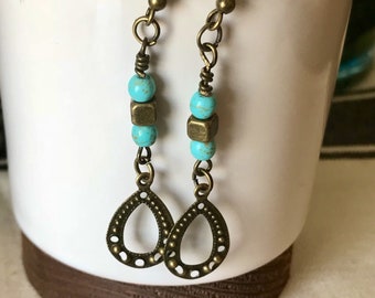 Turquoise and Antique Brass Teardrop Earrings, Turquoise Earrings, Brass Earrings, Natural Turquoise Earrings