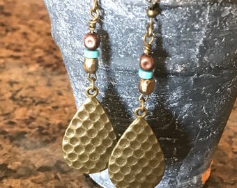 Antique Brass Turquoise Earrings, Turquoise Earrings, Drop Earrings, Dangle Earrings,