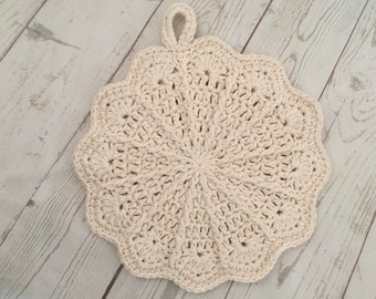 Crochet Scallop Pot Holder, Trivet, Hot Pad. 2 Sided. 100% Cotton