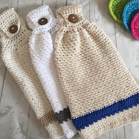 Crochet Kitchen Hanging Hand Towel With Wood Button Cotton Etsy
