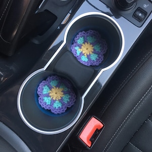 Flower Crochet Car Coasters for Cup Holders. 2-Pk. Crochet 100% Cotton. Auto Cute Decor. Car Accessories