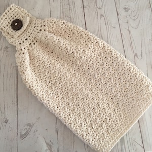 Ecru Kitchen Hanging Towel with Button. Crochet Cotton Dish Towel. Hand Towel.