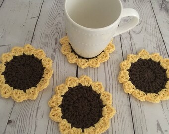 Crochet Sunflower Coasters Set, Cotton Drink Coasters