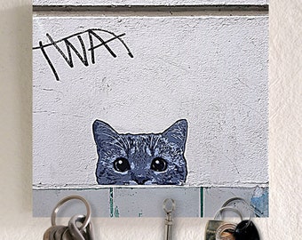 Llavero madera 5 imanes porta llaves con dibujo Gato curioso