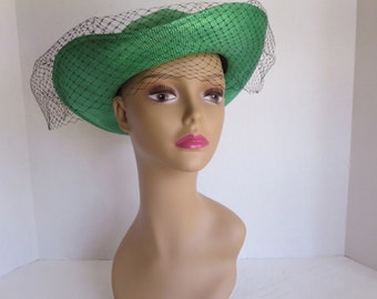 Vintage Green Straw Hat With Black Veil By Dajou