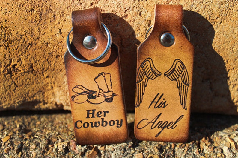 Cowboy & Angel Hand Crafted Leather Keychains - Combo Set 