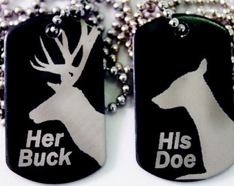 Her Buck His Doe Crafted Dog Tag Couples Necklaces Combo Set