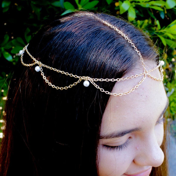 Gold Pearl Gypsy Head Chain, Gold Boho Head Chain, Bohemian head piece, Pearl Forehead Piece, Pearl Hair Jewelry, Pearl Bridal Hair Piece
