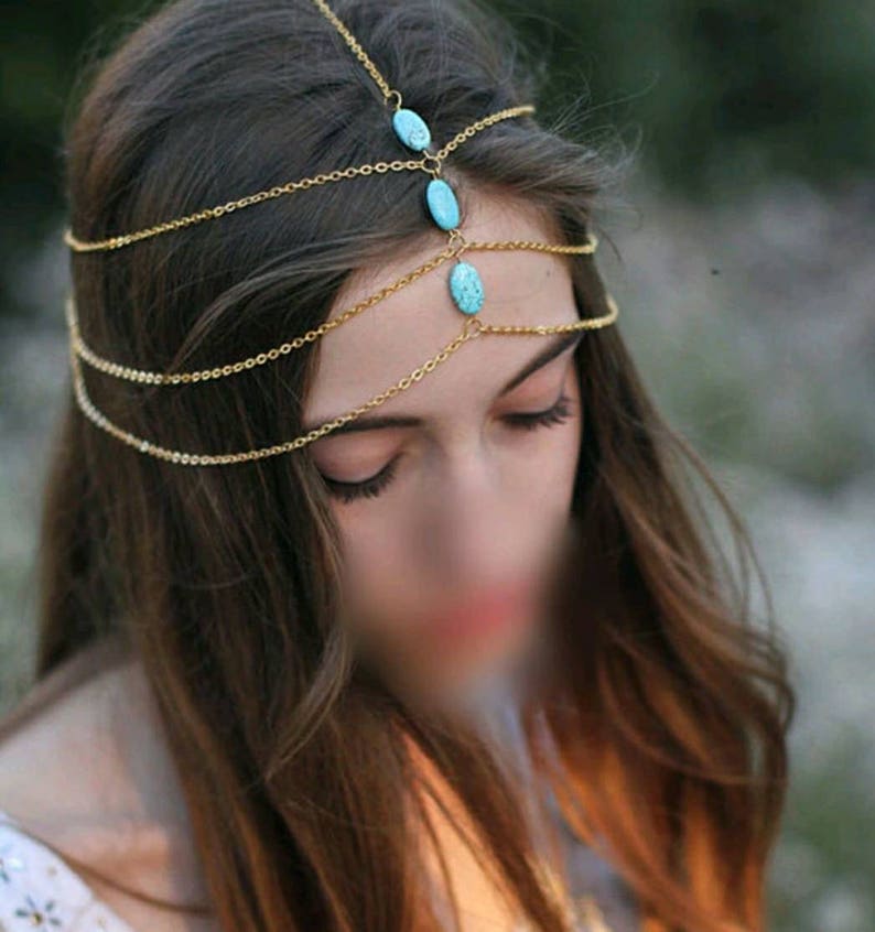 Turquoise Gypsy Head Chain Gold Boho Head Chain Bohemian Etsy