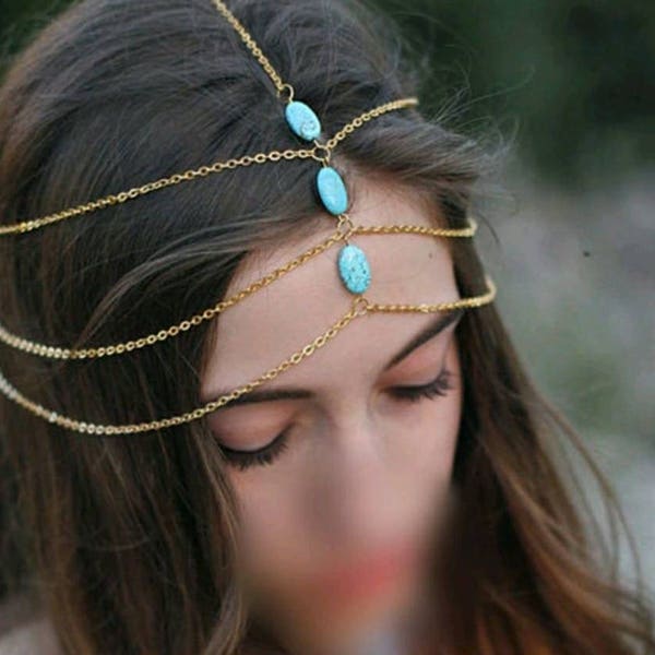 Turquoise Gypsy Head Chain, Gold Boho Head Chain, Bohemian Turquoise Head Piece, Gold Turquoise Hair Jewelry, Bridal Hair Piece