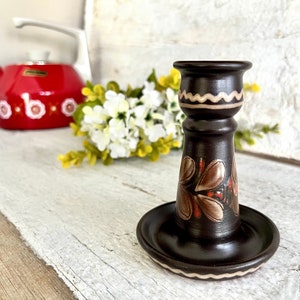 Vintage Folk Art Hand Painted Candlestick Holder, Hand Thrown Primitive Pottery, Brown Candle Holder, Pottery Gift Idea