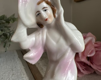 VINTAGE Mid Century Woman Figurine on Pedestal, Windy Day Ceramic Pottery, Made in Japan