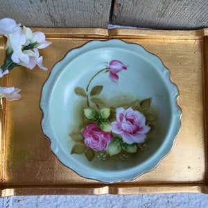 Rare LEFTON ANTIQUE PLATE, Jadeite Green and Pink, Hand Painted Plate, Lefton Plate, Pink Roses, Gold Edge, Scalloped Rim