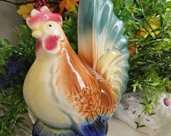 Vintage Ceramic Rooster, Chippy Shabby Chic Farmhouse Decor, Multi-color Ceramic, Blue and Yellow Rooster