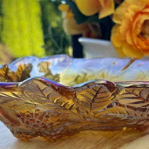 GORGEOUS VINTAGE Gold Carnival Glass Bowl, Amber Glass Candy Dish, Gold Glass with Embossed Berries and Leaves Cut Glass