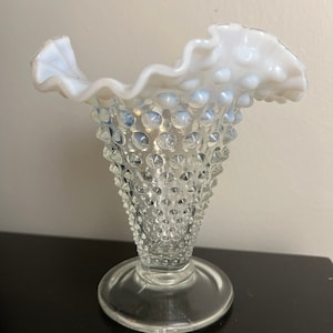 Vintage Hobnail Glass Collectible,  Opalescent Hobnail Vase, Ruffled Edge Vase, Fenton Art, Vintage Glass Collectible