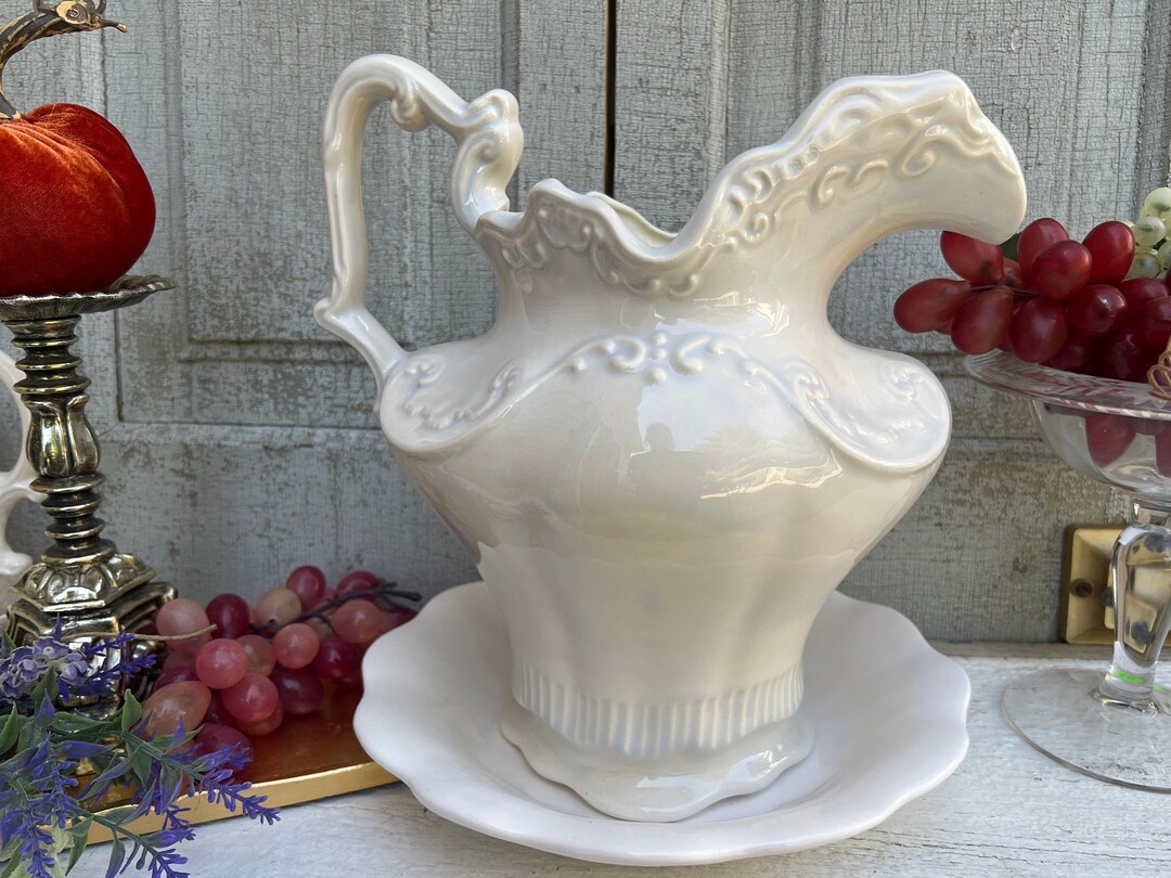 Ceramic Chamber Pot and Wash Basin Large White Pitcher Blue Etsy