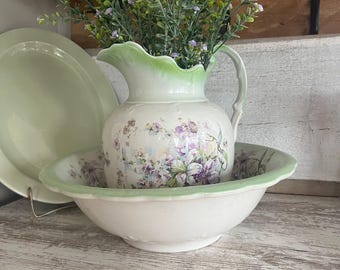 ANTIQUE Green Wash Basin Set, SYDNEY CERAMIC Pottery, White, Green, and Purple Pitcher & Bowl Set, Vintage Floral Chamber Pot and Bowl