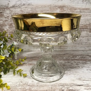 RARE VINTAGE King&#39;s Crown THUMBPRINT Glass Compote, Clear Glass Gold Rim Dish, Thumbprint Bowl on Pedestal