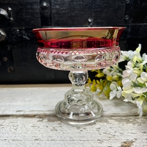RARE VINTAGE Red King&#39;s Crown COMPOTE, Red Flash Dish, Red Thumbprint Bowl on Pedestal, Flared Edge, Valentine’s Day Decor