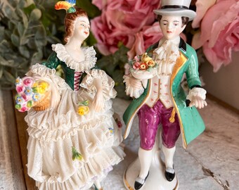 Vintage Rare Green Ceramic Figurine, Dresden Colonial Porcelain Couple, Frankenthal West Germany Figurine, Green and Purple