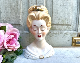 VINTAGE RARE Lady Head, Dollhead Collectible, Large Ceramic Vase, Planter, Blonde Lady Head, Ceramic Planter, White Gold Polka Dot Shawl