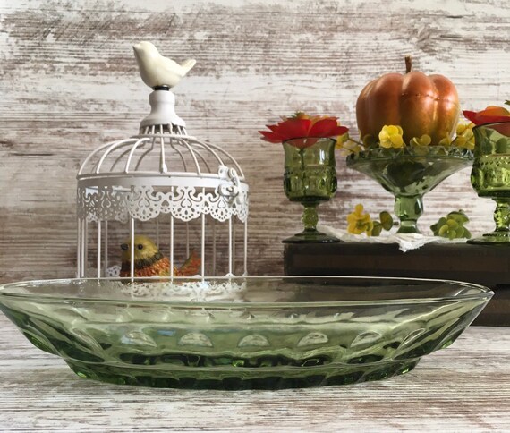Vintage Green Thumbprint Dish, Small Oval Dish, Candy Dish, Green 